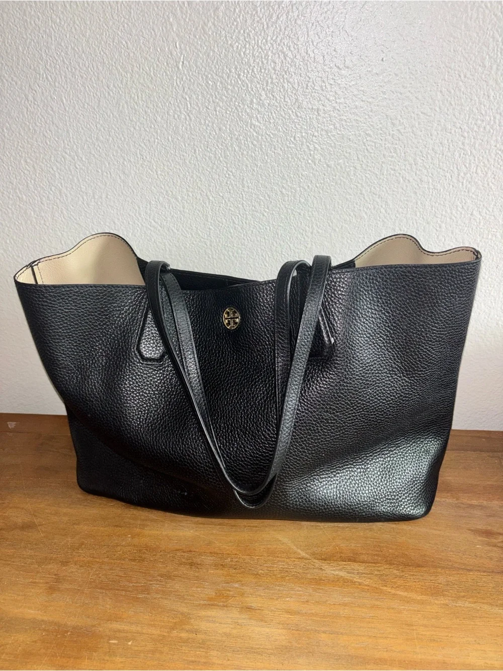 Tory Burch Black Pebbled Leather Reversible Tote with Cream Lining